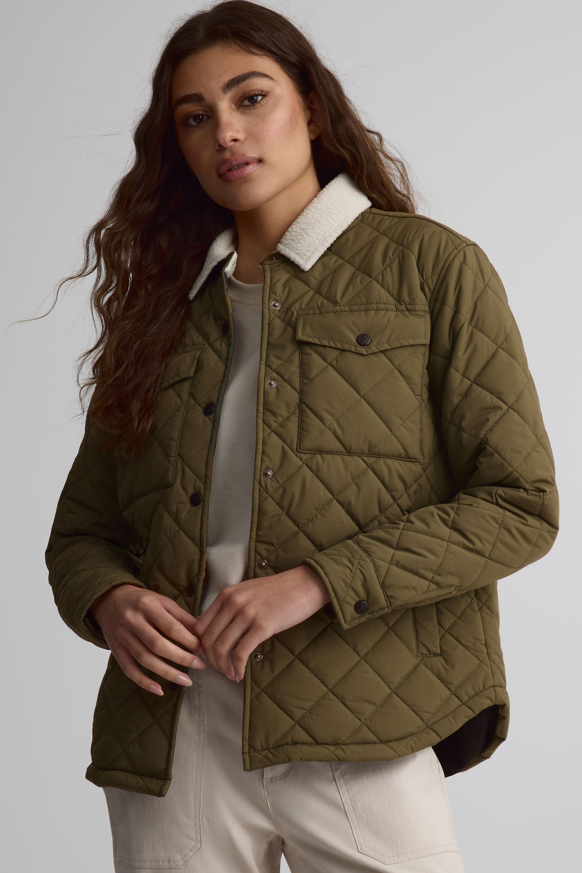 Sherpa collar shacket for women